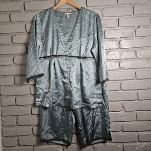 Donna Nadeau Pajama Set Large Blue Green Leaf Print Satin Button Top Crop Pants